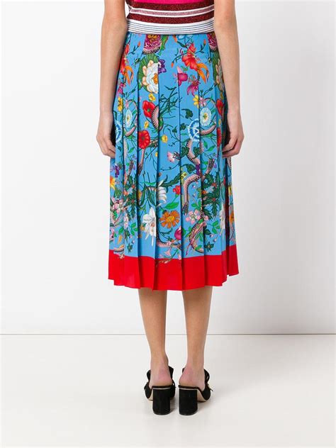 gucci blue pleated skirt red flowers sequins|Gucci floral print skirts.